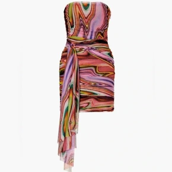 🌟 ELLIATT Nala Psychedelic print Mesh Strapless Ruched Cocktail mini Dress XS - Picture 3 of 8